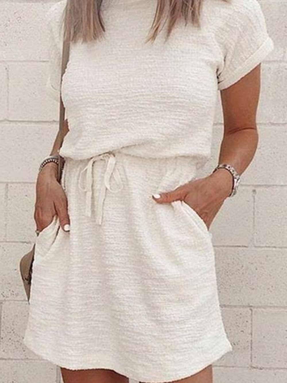 Lou & Grey for Loft  Cream Short Sleeve Drawstring Waist Dress